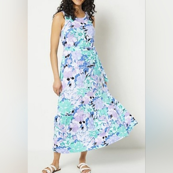 Cuddl Duds Women’s Blue Floral Scoopneck Tiered Maxi Dress Size Medium Petite - Picture 1 of 8